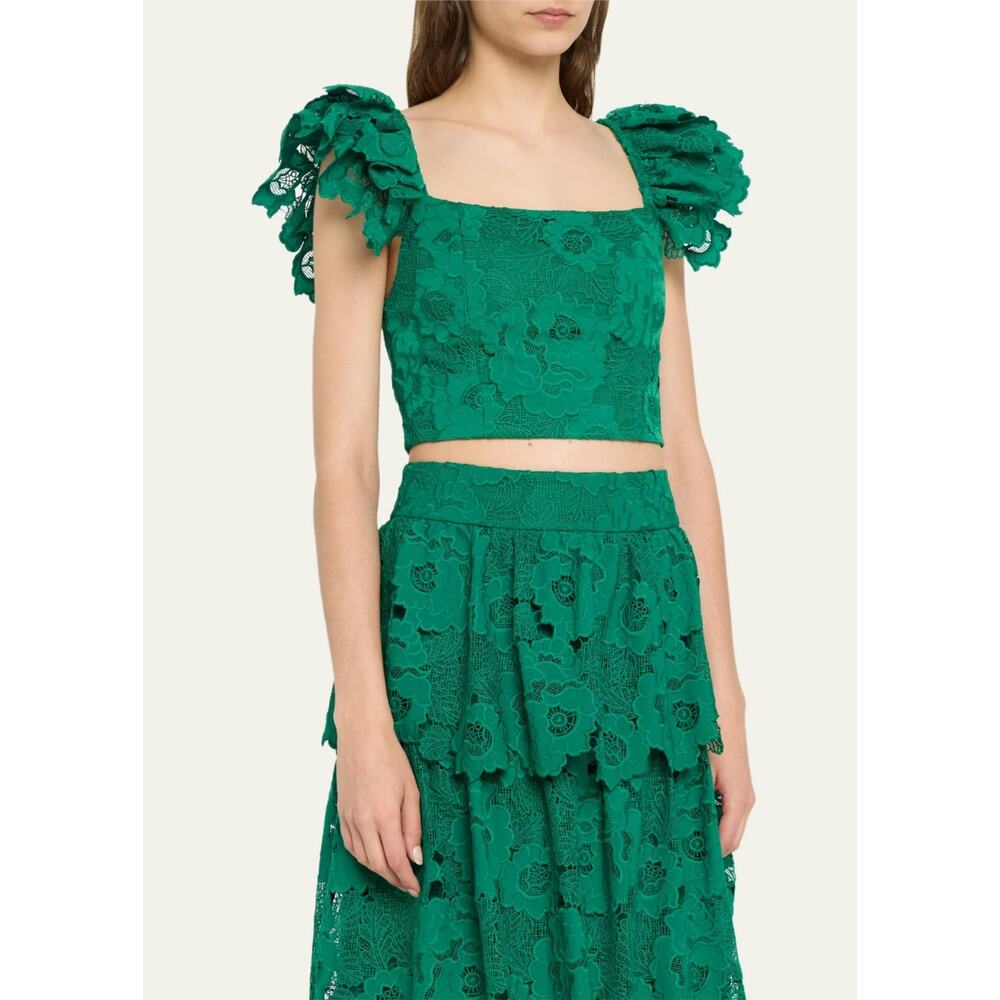 ALICE + OLIVIA TAWNY EMERALD GREEN EYELET RUFFLE CROP TOP WOMEN’S 10 NWT - Picture 6 of 6